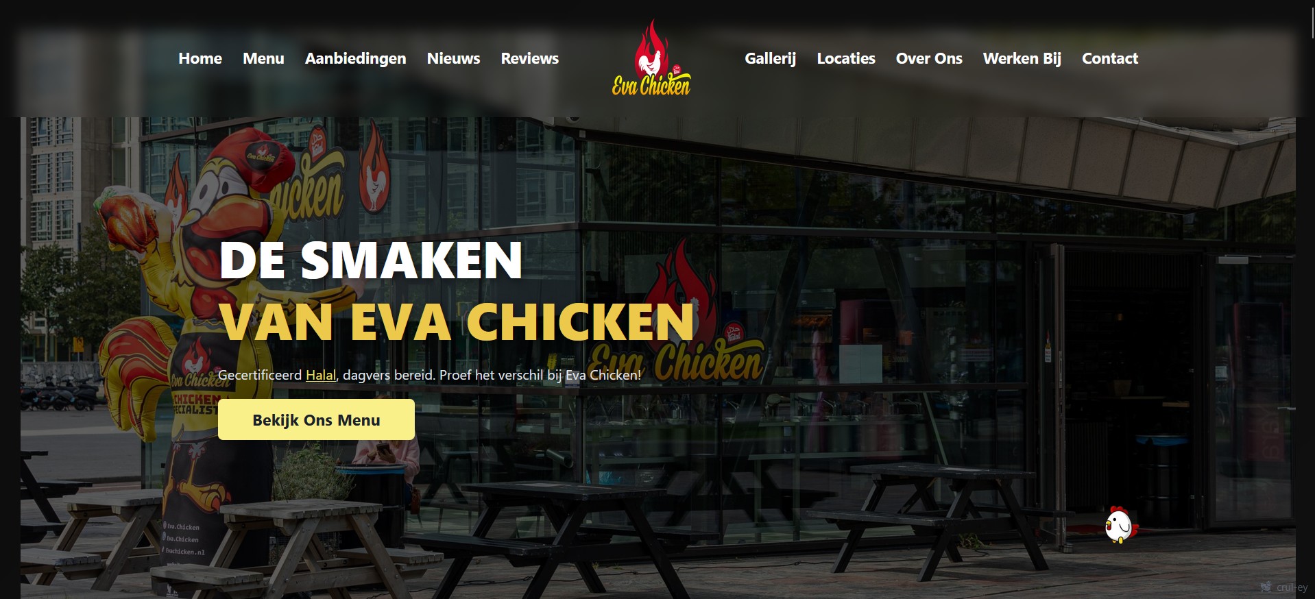 Screenshot van de Eva Chicken bestelwebsite met WhatsApp integratie en gestroomlijnde bestelprocedure.